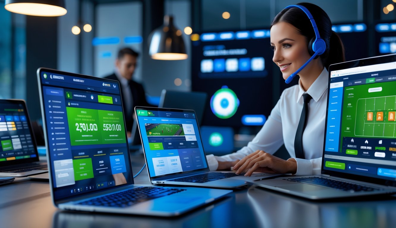 Seorang petugas layanan pelanggan sedang membantu klien di depan beberapa perangkat digital yang menampilkan situs taruhan bola online dengan suasana kerja modern.