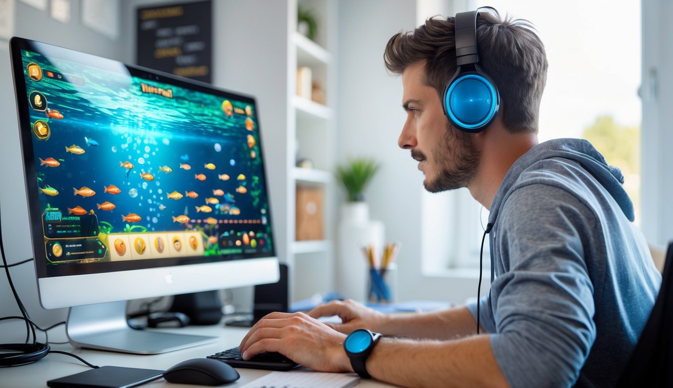 Seorang pria muda sedang fokus bermain permainan judi tembak ikan online di komputer di ruang kerja rumah yang terang.