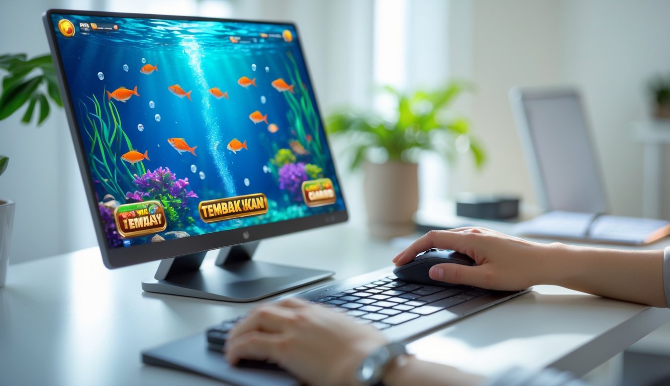 Seseorang sedang bermain permainan tembak ikan online di komputer dengan layar menampilkan grafis ikan berwarna-warni dan suasana fokus di meja kerja.