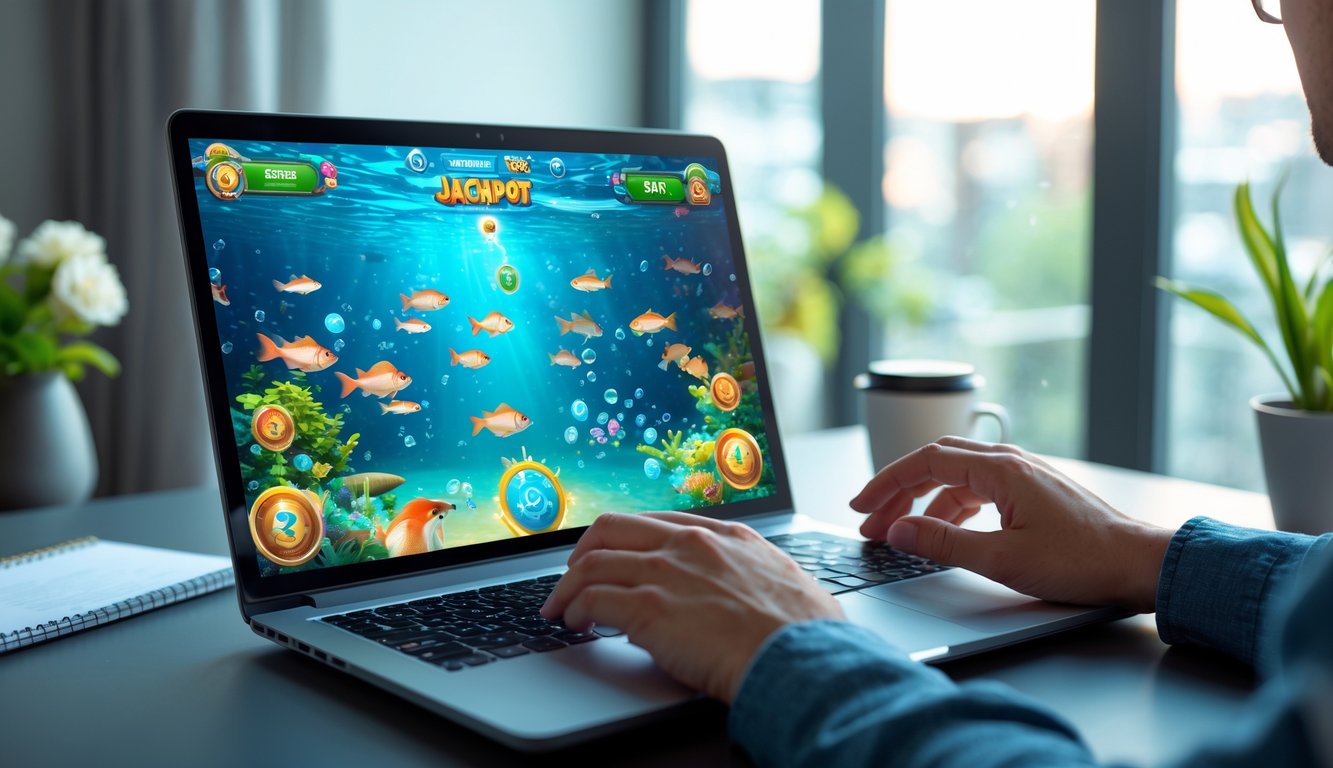 Seseorang sedang bermain game tembak ikan online di laptop dengan latar ruangan yang terang dan nyaman.