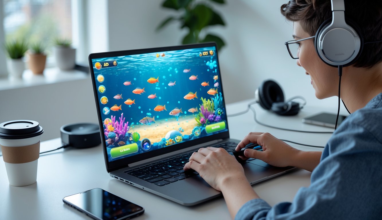 Seorang pemain sedang fokus bermain permainan tembak ikan online di laptop di ruang kerja yang rapi dan terang.