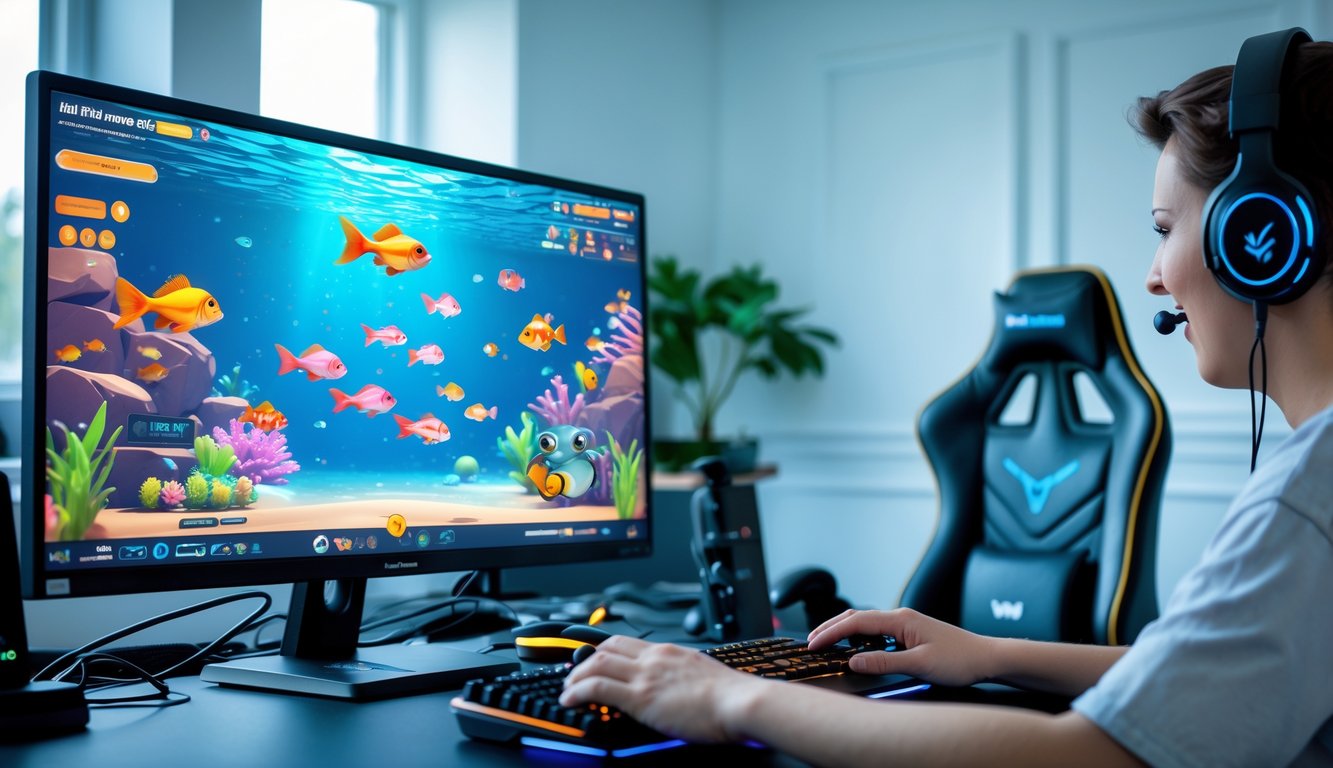 Seseorang sedang bermain game tembak ikan online di komputer dengan layar penuh warna ikan dan grafis bawah laut.