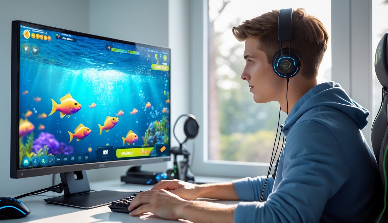 Seorang pria muda duduk di depan komputer yang menampilkan permainan tembak ikan online dengan latar bawah laut berwarna-warni.