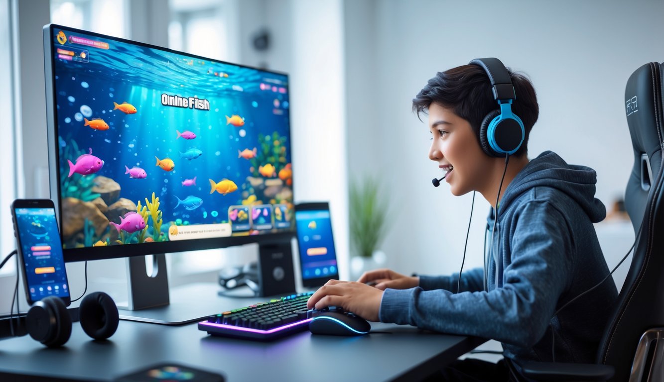 Seorang pemuda sedang bermain permainan tembak ikan online di komputer di dalam ruangan yang terang dan modern.