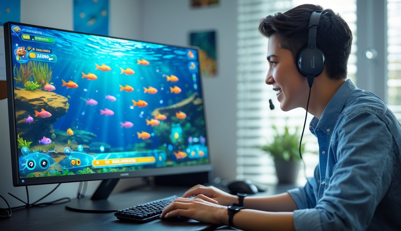 Seseorang sedang bermain game menembak ikan online di depan komputer dengan tampilan layar penuh warna dan suasana ruangan yang rapi.