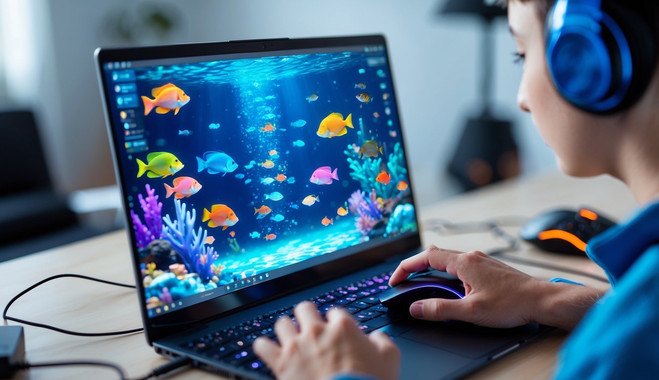 Seorang pemain sedang menggunakan komputer untuk bermain permainan tembak ikan online dengan layar menampilkan berbagai ikan berwarna-warni di bawah laut.