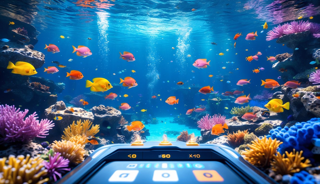 Layar permainan tembak ikan online dengan ikan berwarna-warni di bawah laut dan antarmuka permainan digital.