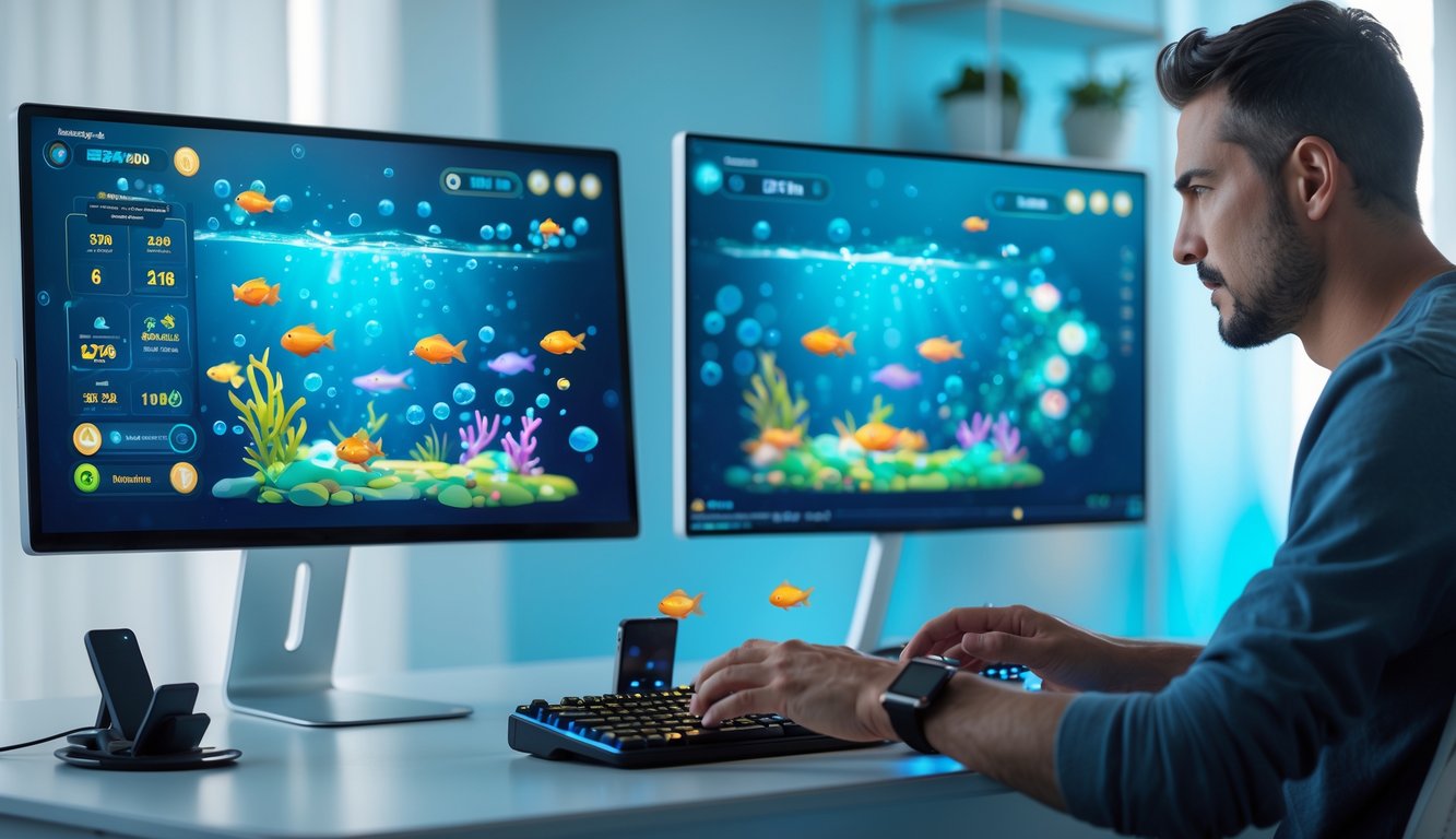 Seorang pemain dewasa fokus memainkan permainan tembak ikan online dengan layar komputer dan ponsel menampilkan grafis ikan berwarna-warni di latar biru seperti bawah laut.