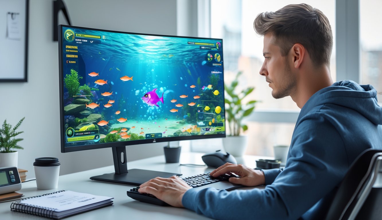 Seorang pria muda fokus bermain permainan tembak ikan online di depan komputer di ruang kerja rumah yang rapi dan terang.