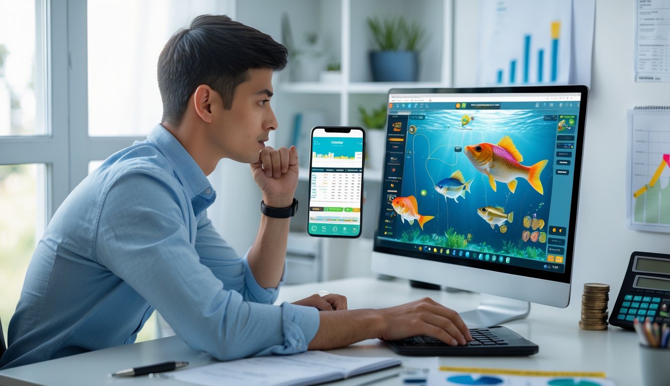 Seorang pria muda duduk di meja dengan laptop dan ponsel yang menampilkan permainan tembak ikan online, dikelilingi alat tulis dan simbol pengelolaan keuangan.