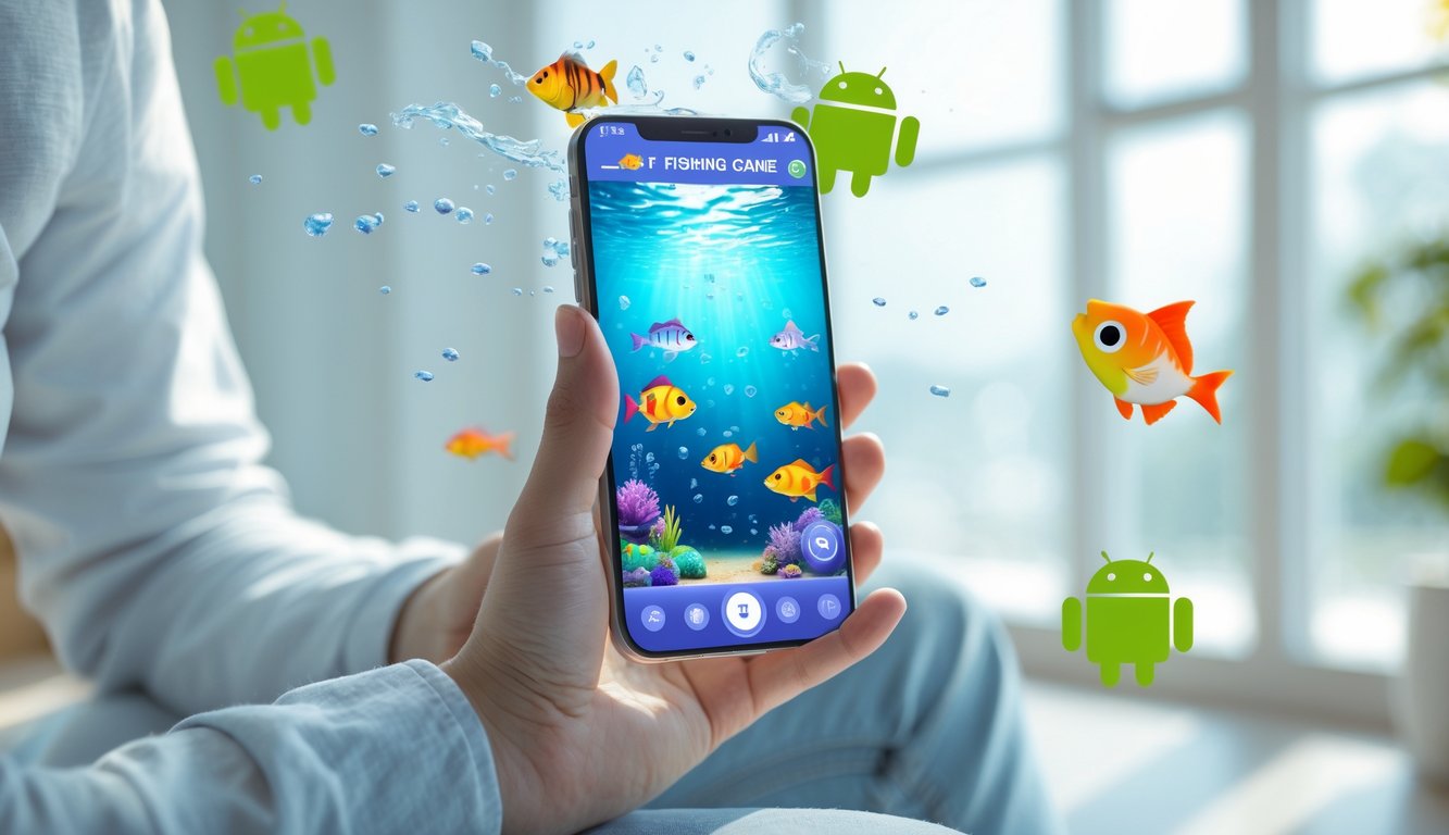 Seseorang memegang smartphone yang menampilkan permainan memancing ikan secara online dengan latar dalam ruangan yang terang.
