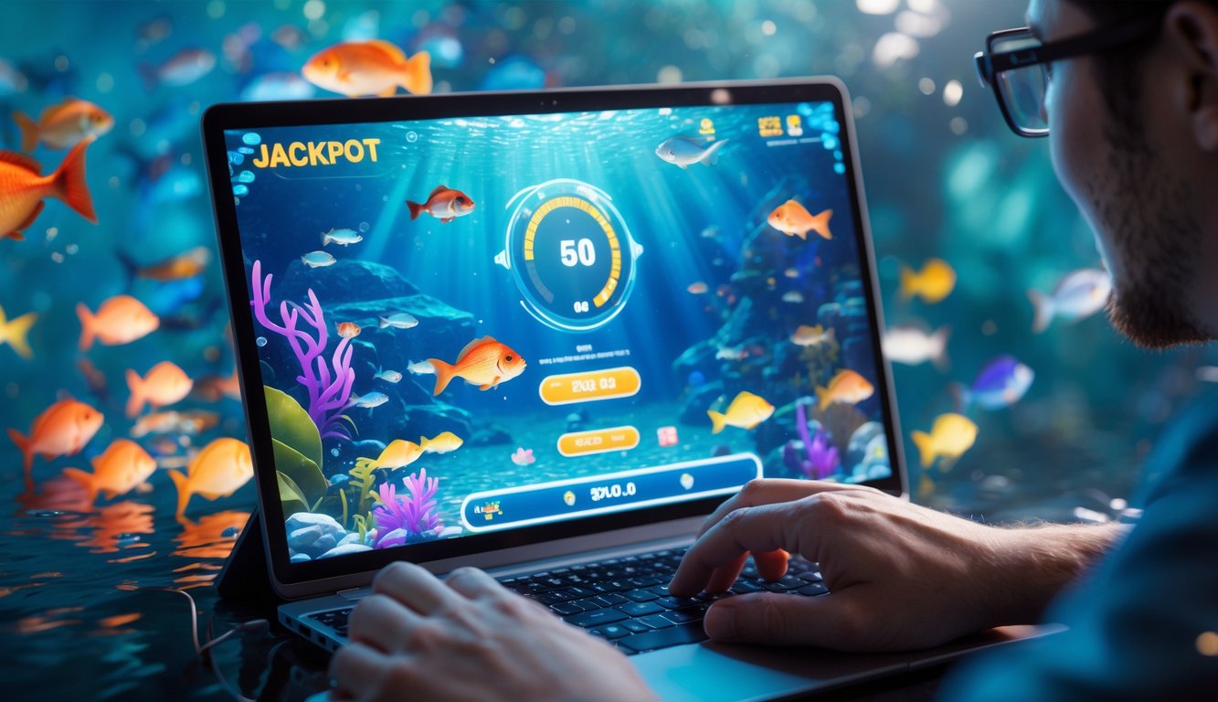 Sebuah layar komputer menampilkan permainan tembak ikan online dengan berbagai ikan berwarna-warni dan meter jackpot yang menyala, tangan seseorang sedang mengoperasikan perangkat.