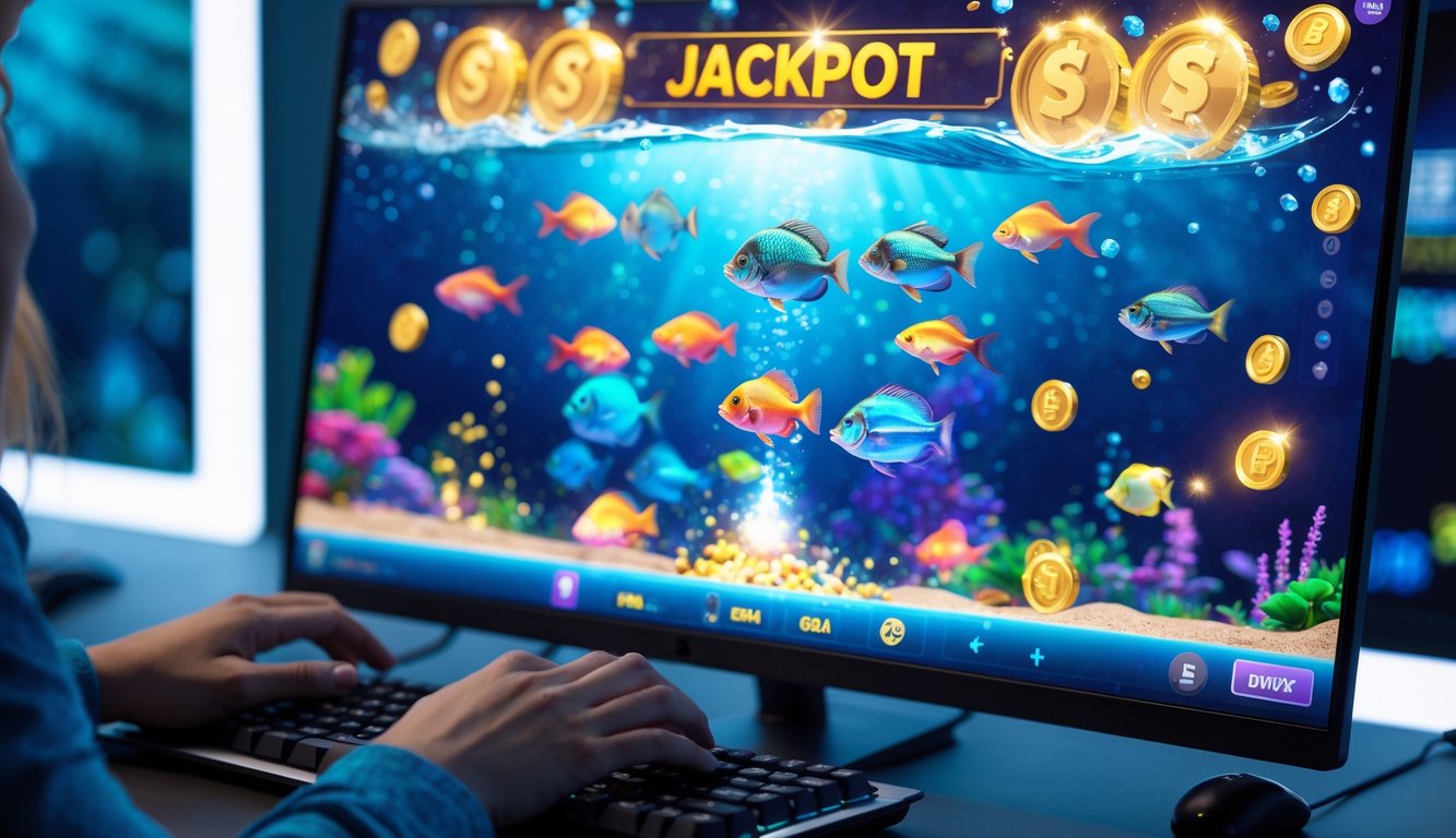 Seorang pemain sedang bermain permainan tembak ikan online di komputer dengan layar menampilkan ikan-ikan warna-warni dan efek jackpot.