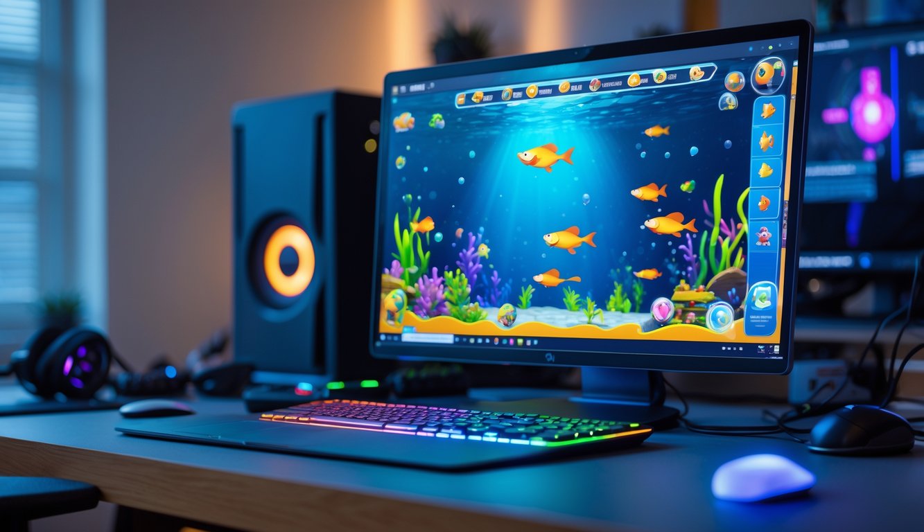 Seorang pemain sedang bermain game tembak ikan online di komputer dengan layar menampilkan grafis ikan berwarna-warni di lingkungan rumah yang nyaman.
