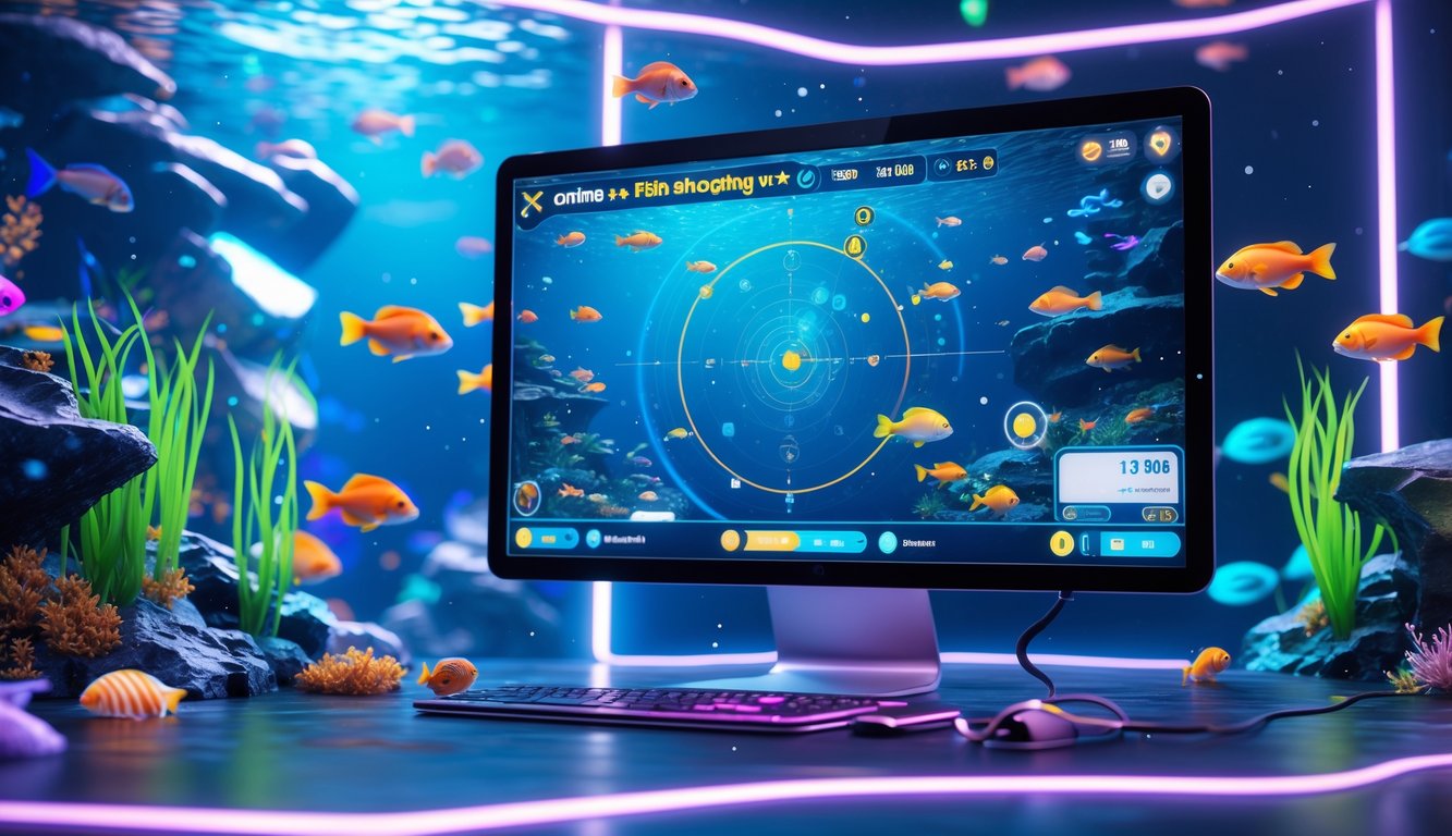 Layar komputer menampilkan permainan tembak ikan online dengan ikan berwarna-warni di latar bawah laut.