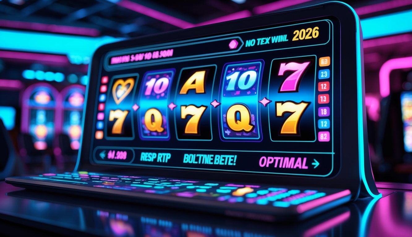 Antarmuka permainan slot online modern dengan gulungan warna-warni dan latar belakang bercahaya neon.