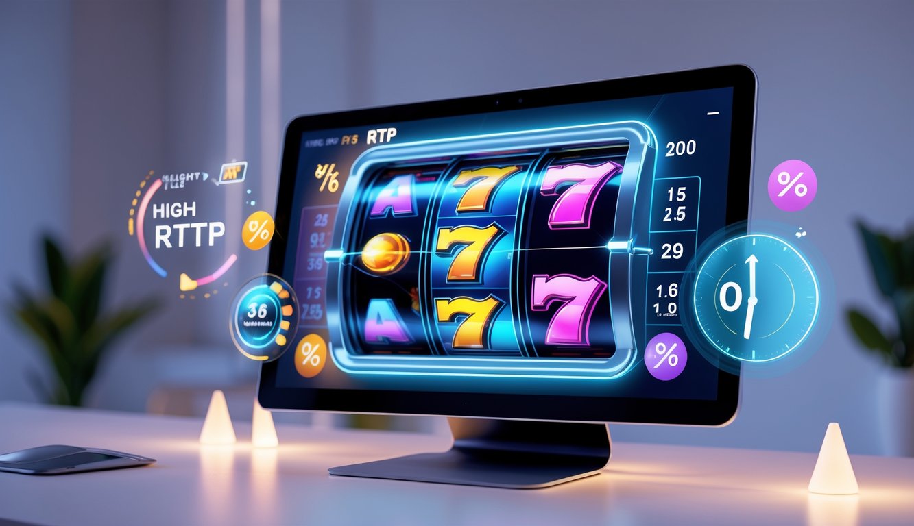 Layar komputer menampilkan mesin slot online modern dengan simbol warna-warni dan grafik yang menunjukkan tingkat RTP tinggi serta jam bermain terbaik.