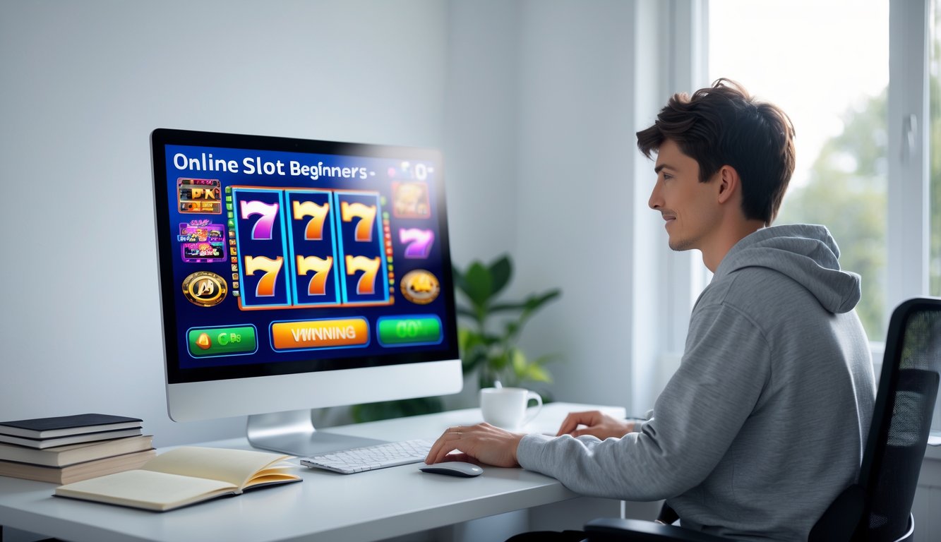 Seorang pemuda duduk di depan komputer dengan tampilan permainan slot online di layar, di ruang kerja yang rapi dan terang.
