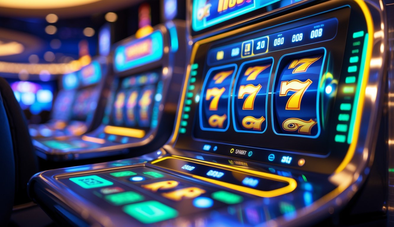 Suasana modern dengan mesin slot online yang menyala dan berwarna-warni di latar belakang lounge kasino yang samar.