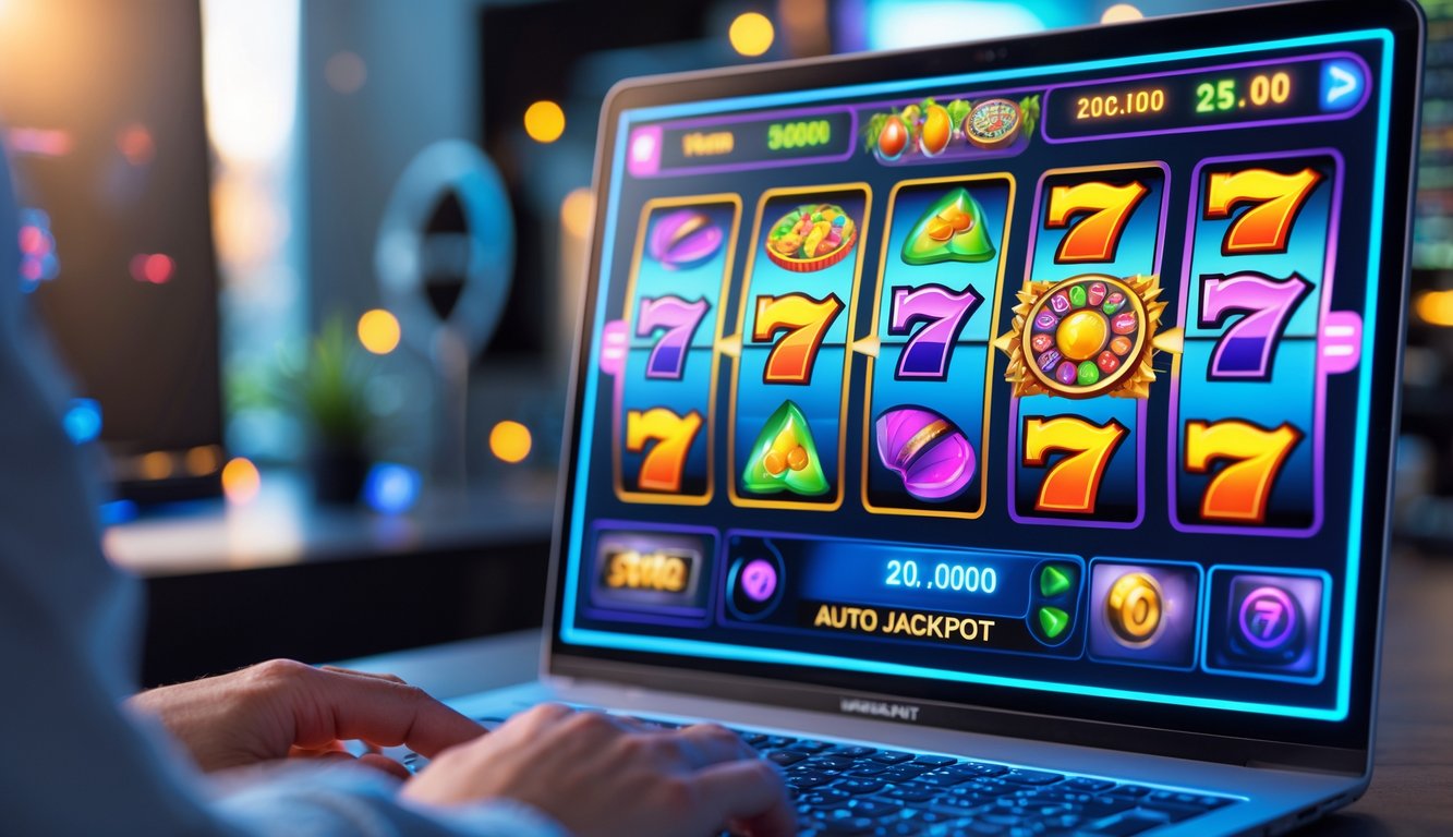 Tangan seseorang bermain mesin slot online di depan layar komputer dengan latar ruangan modern dan pencahayaan hangat.