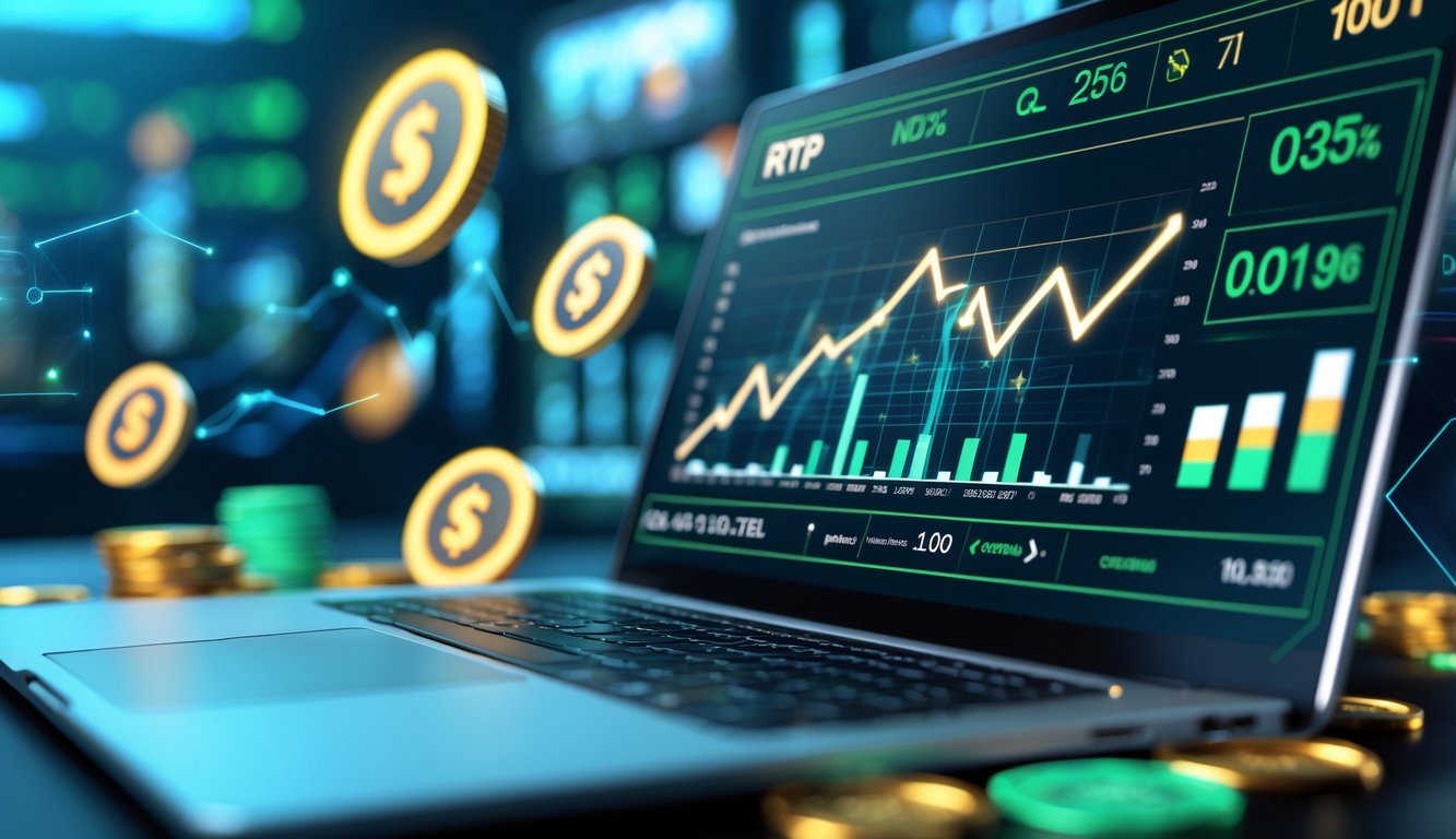 Seorang analis sedang melihat grafik data statistik permainan slot online di layar komputer dengan latar belakang mesin slot digital dan koin.