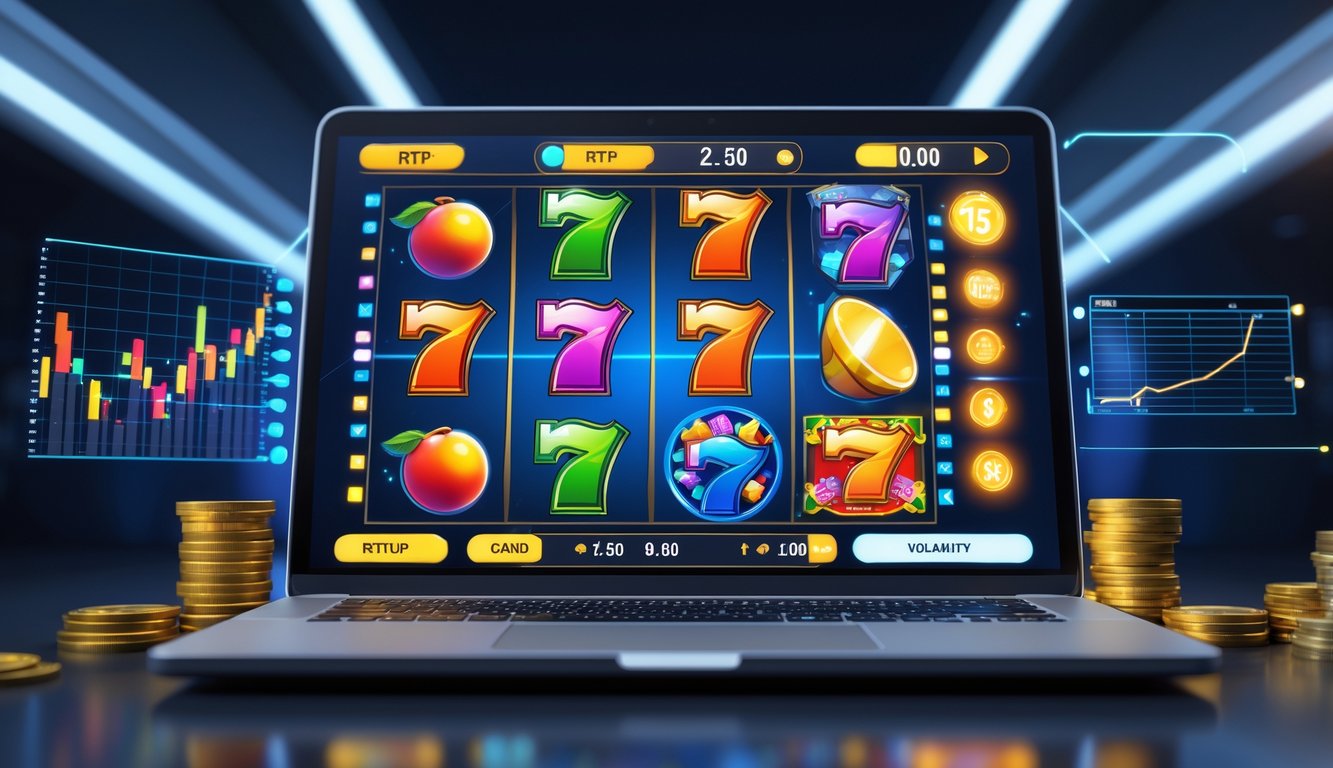 Seorang pemain menggunakan komputer dengan tampilan permainan slot online yang berwarna-warni dan grafik data di sekitarnya.