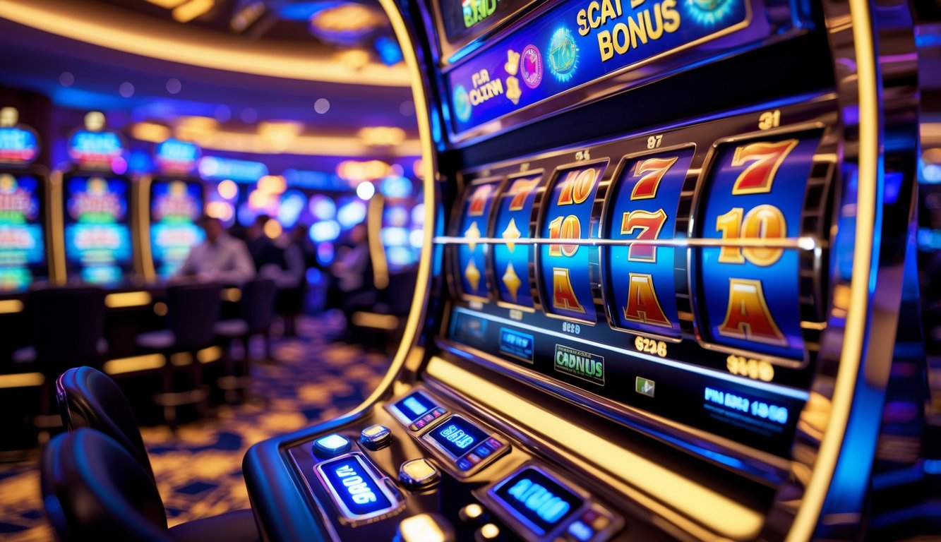 Mesin slot modern dengan simbol scatter dan efek cahaya berwarna-warni di dalam kasino yang mewah.