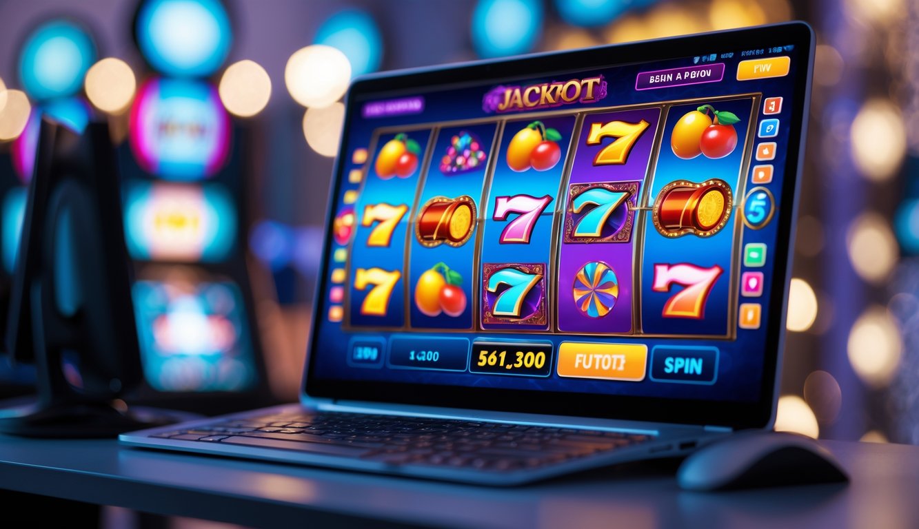 Tampilan layar komputer dengan permainan slot online yang menampilkan simbol-simbol warna-warni dan indikator jackpot yang menyala.