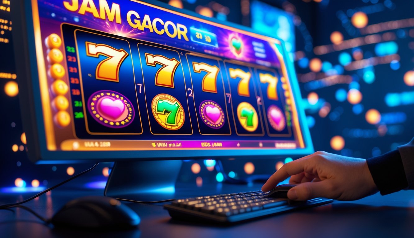 Seseorang menggunakan komputer dengan layar menampilkan permainan slot online yang menunjukkan simbol jackpot yang sedang menang.
