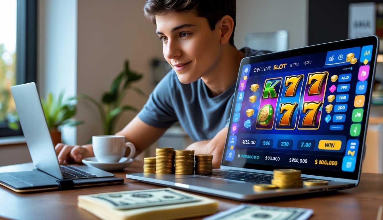 Seseorang duduk di meja kerja dengan laptop yang menampilkan permainan slot online, dikelilingi oleh koin dan uang kertas kecil.