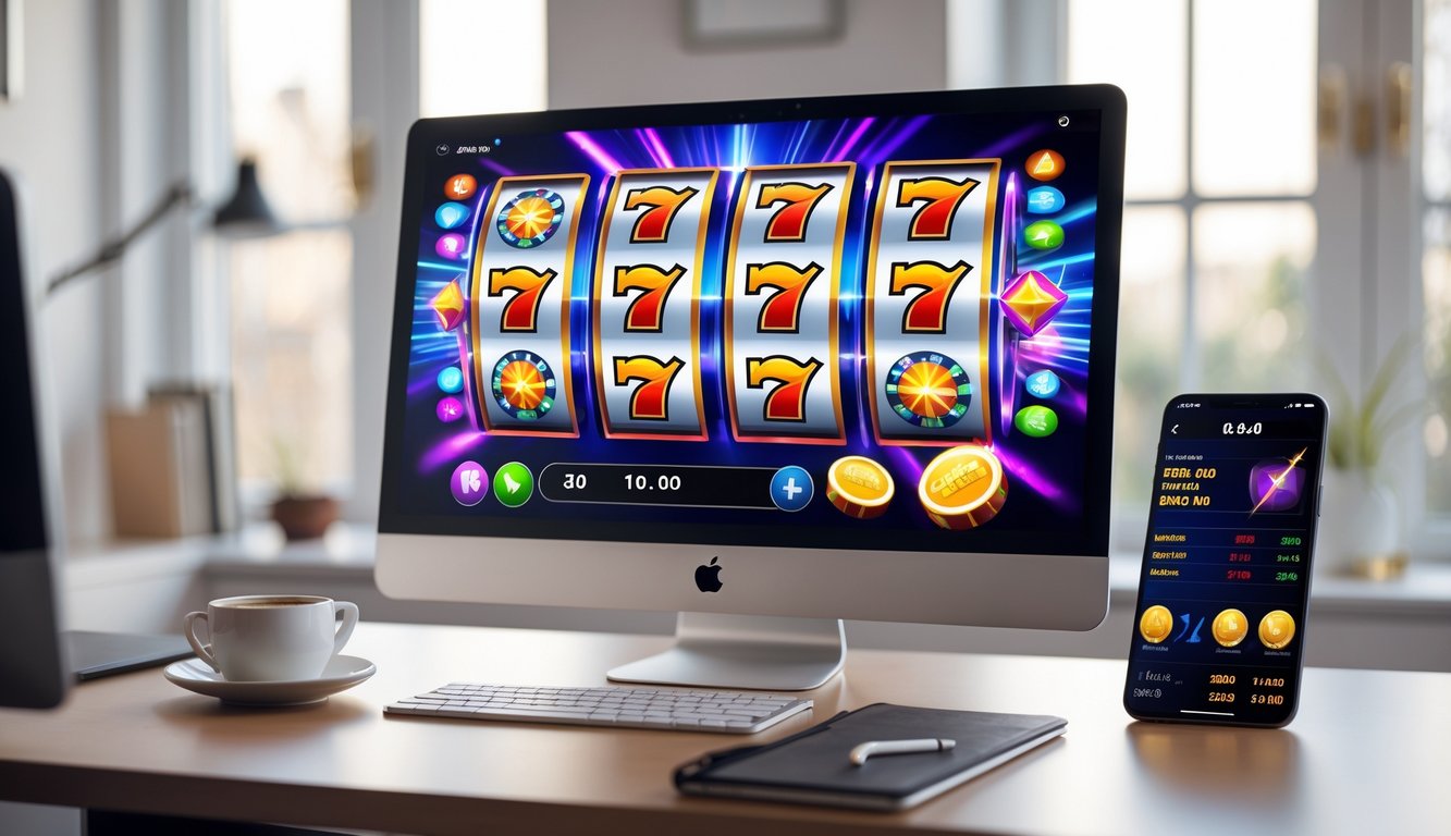 Sebuah komputer di meja kerja menampilkan permainan slot online dengan gulungan berwarna cerah yang sedang berputar, dikelilingi oleh cangkir kopi dan ponsel di ruang kerja modern.
