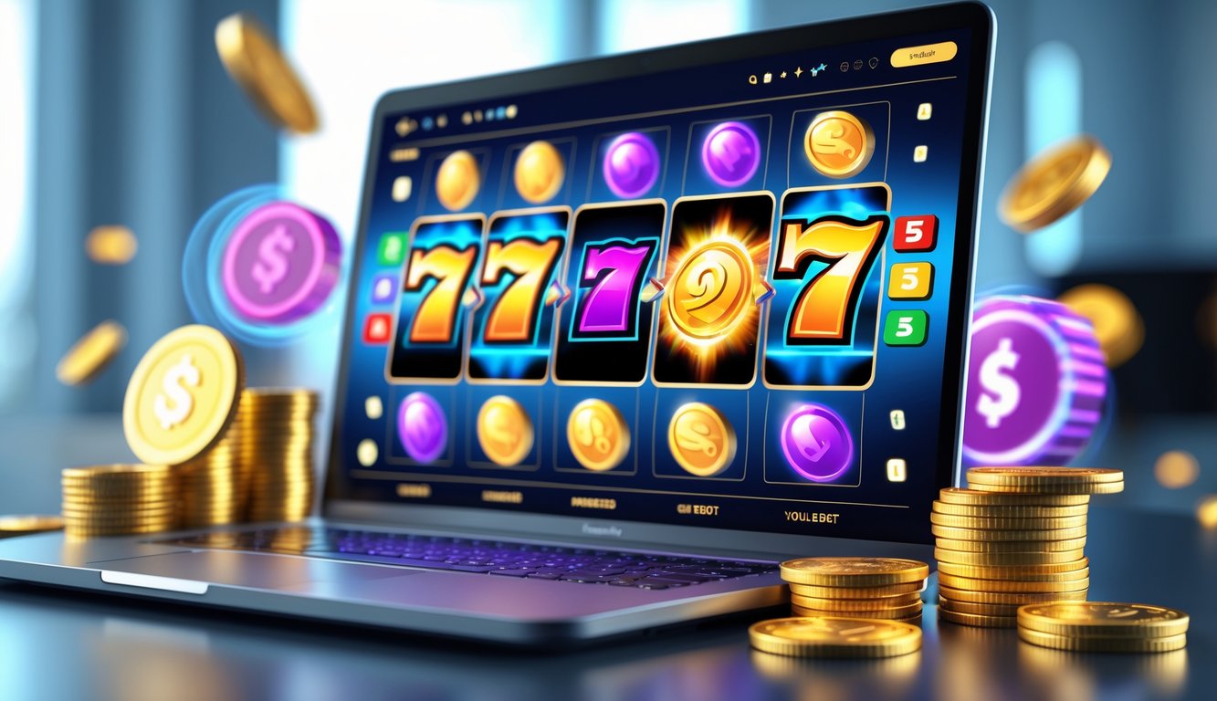 Layar komputer menampilkan permainan slot online dengan gulungan berwarna cerah dan koin digital yang bersinar di sekitarnya.