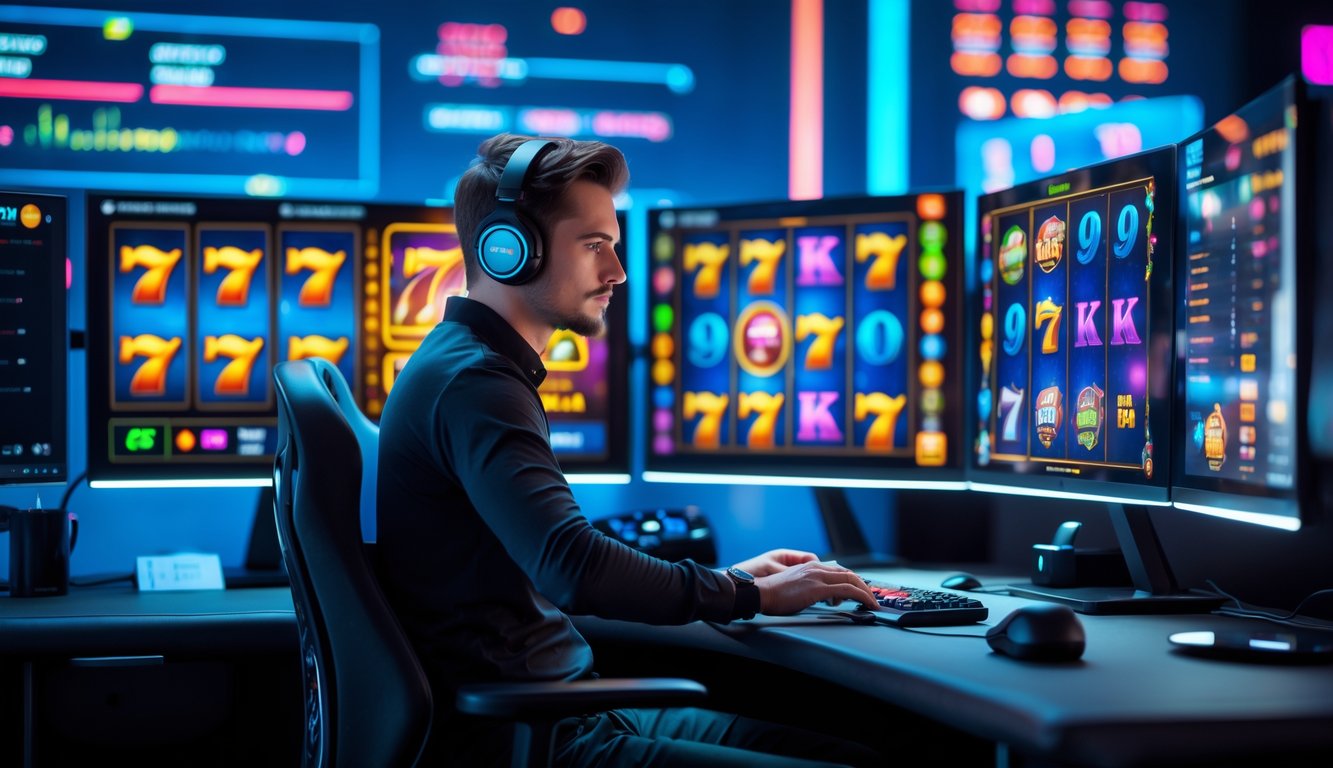 Seorang pemain profesional duduk di depan beberapa monitor yang menampilkan permainan slot online dengan lingkungan kerja yang rapi dan modern.