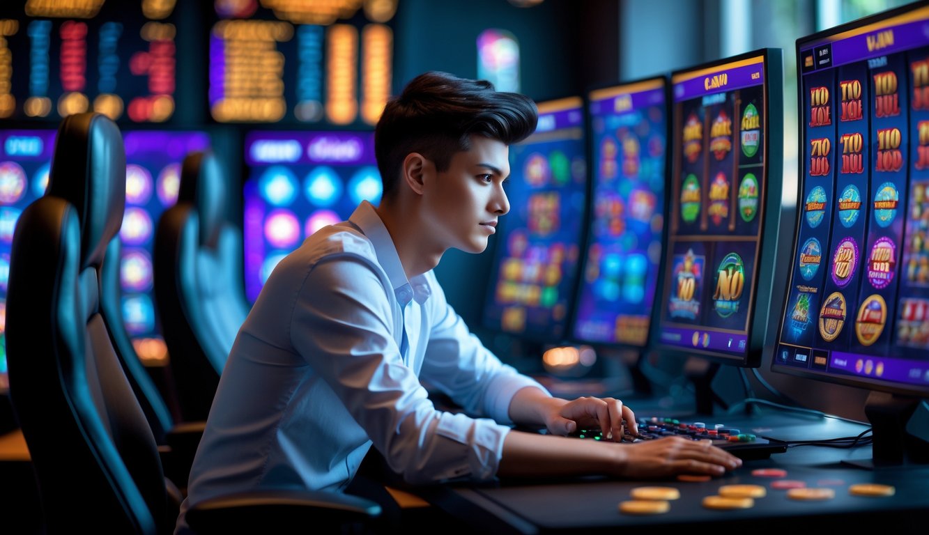 Seorang pemain muda fokus bermain slot online di depan beberapa layar komputer dengan tampilan permainan slot yang berwarna-warni di sebuah ruangan yang nyaman.