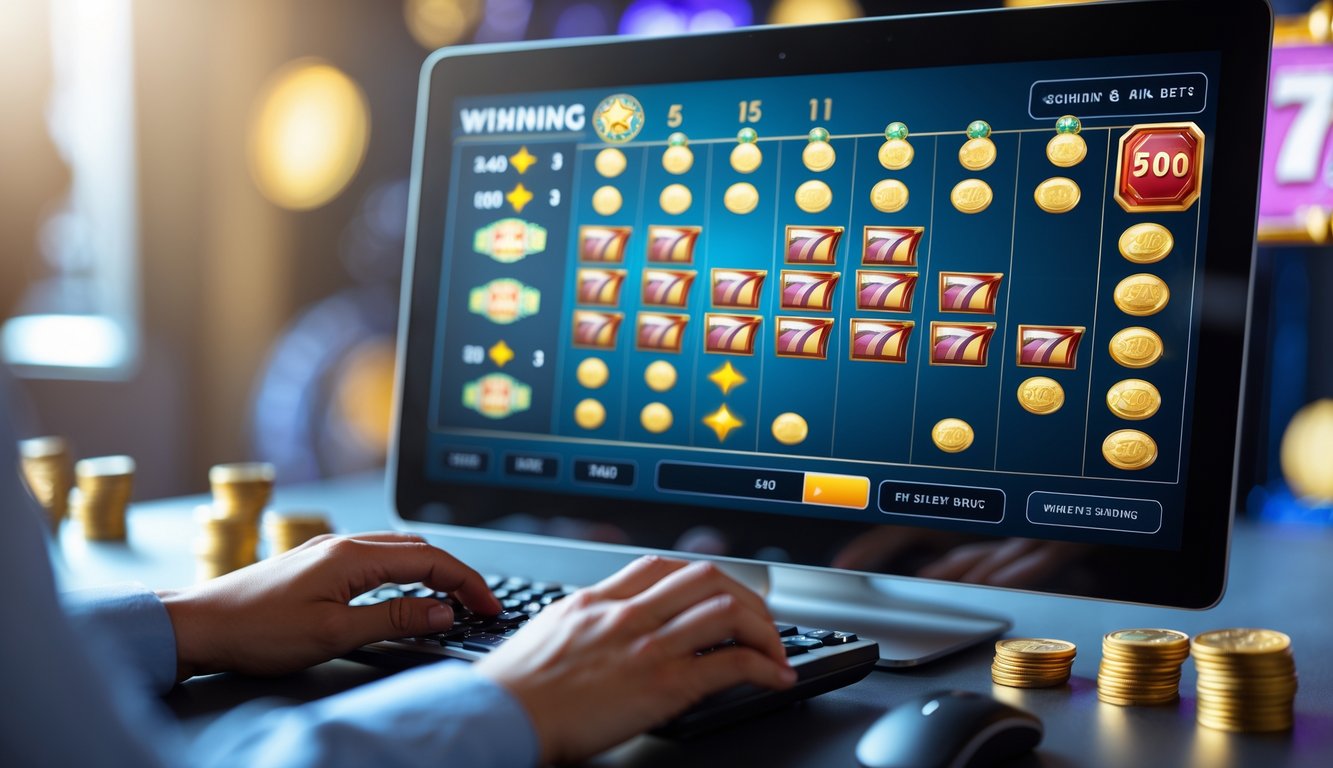 Seseorang menggunakan komputer dengan tampilan mesin slot online yang menunjukkan kombinasi kemenangan dan taruhan kecil.