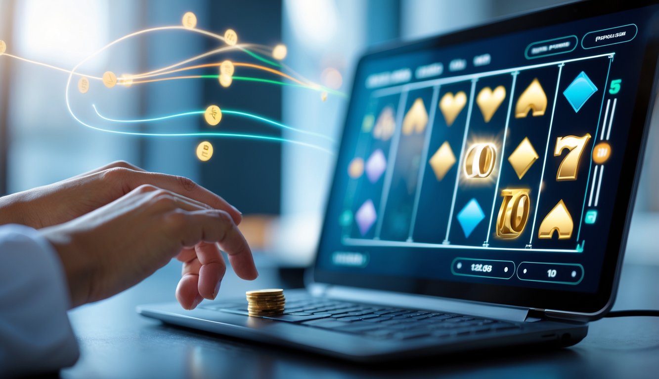 Tangan seseorang menggunakan perangkat digital dengan tampilan permainan slot online yang menunjukkan pola kemenangan dan taruhan kecil.