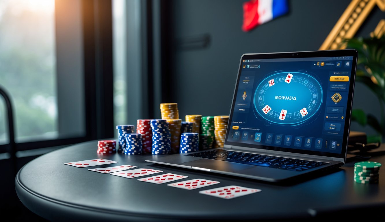 Meja poker modern dengan chip dan kartu bermain, serta laptop yang menampilkan permainan poker, dengan latar belakang yang menyiratkan suasana terpercaya dan profesional di Indonesia.
