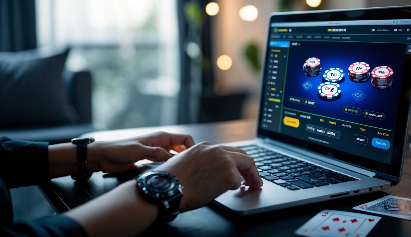 Seorang pemain sedang bermain poker online di laptop dengan tumpukan chip poker di meja dalam suasana ruangan yang nyaman.