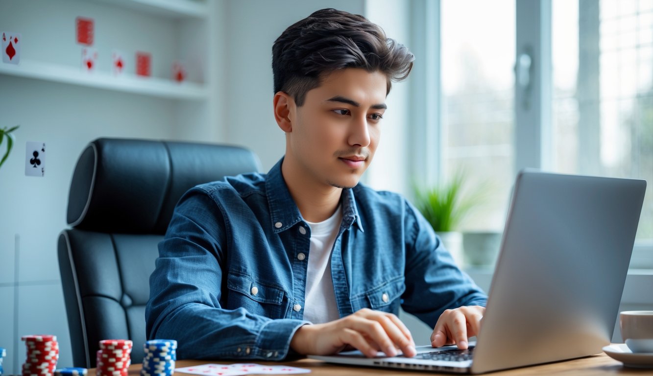 Seorang dewasa muda duduk di meja dengan laptop, fokus memilih situs judi poker online yang aman dan terpercaya.