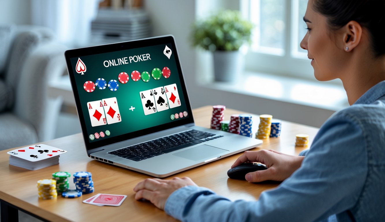 Seorang pemula sedang belajar poker online di depan laptop dengan kartu dan chip poker di meja dalam ruangan yang rapi dan terang.