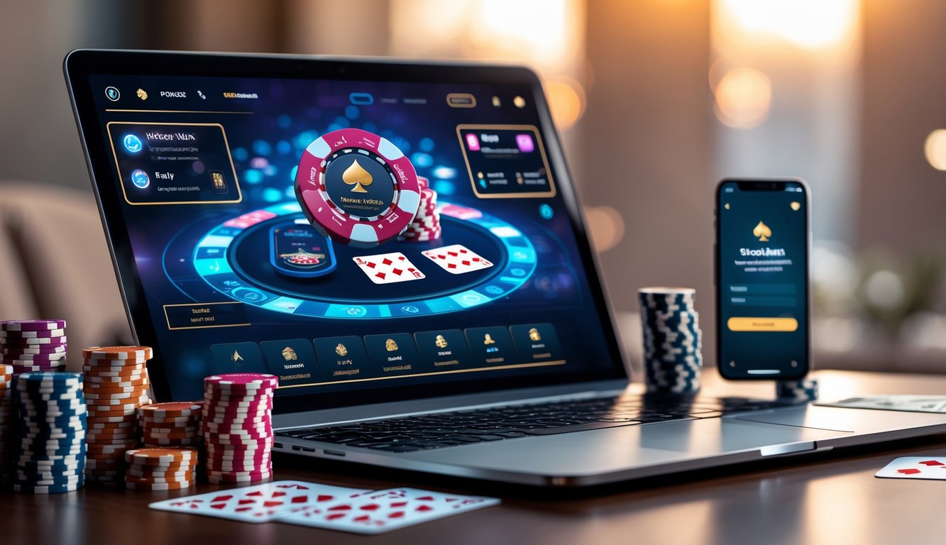 Sebuah meja dengan komputer yang menampilkan permainan poker online, dikelilingi oleh chip poker dan kartu remi, serta ponsel yang menunjukkan transaksi aman.