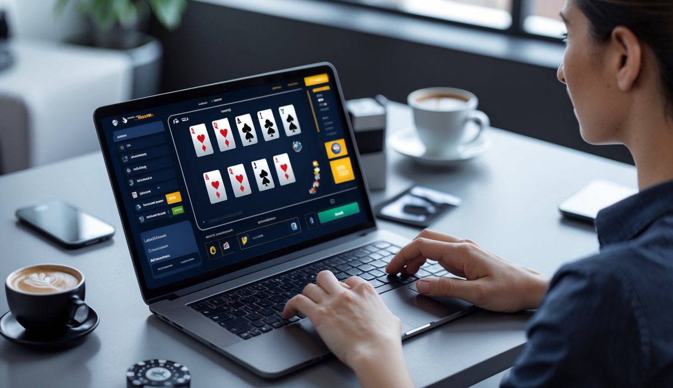 Seorang pria menggunakan laptop untuk bermain poker online di meja kerja yang rapi dan terang.