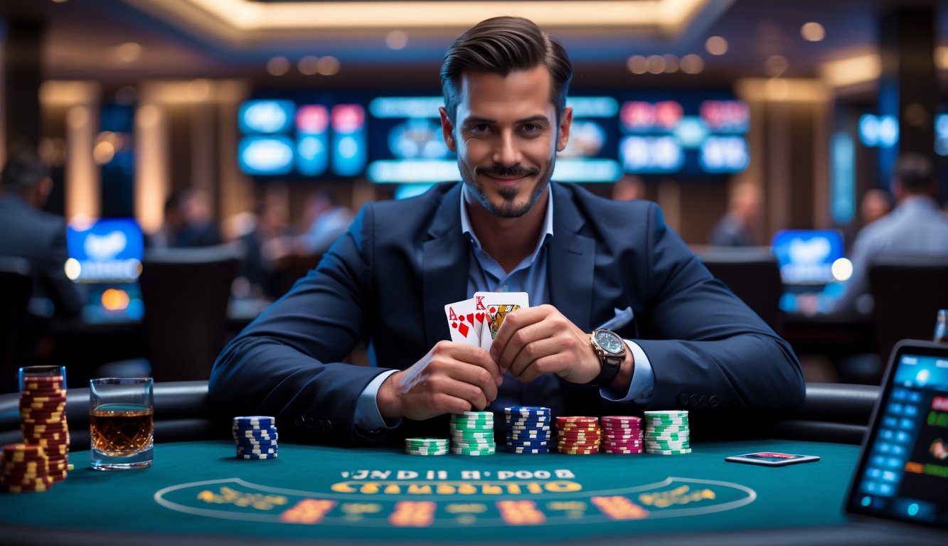 Seorang pria duduk di meja poker dengan kartu dan tumpukan chip, tampak fokus dan percaya diri di dalam kasino.