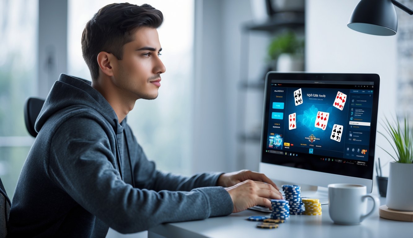 Seorang pria muda sedang fokus bermain poker online di depan laptop di ruang kerja yang rapi.