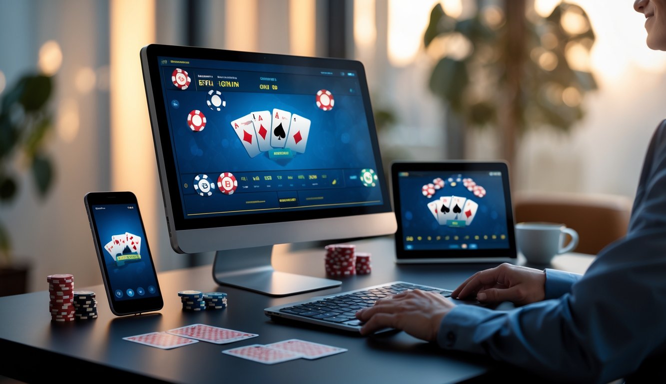 Meja kerja dengan komputer, smartphone, dan tablet yang menampilkan permainan poker online, lengkap dengan chip poker dan kartu di atas meja.