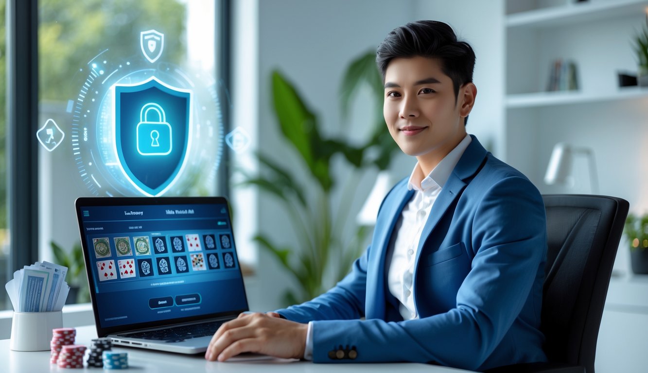 Seorang dewasa muda duduk di meja dengan laptop yang menampilkan permainan poker, dikelilingi oleh simbol keamanan dan perlengkapan poker.