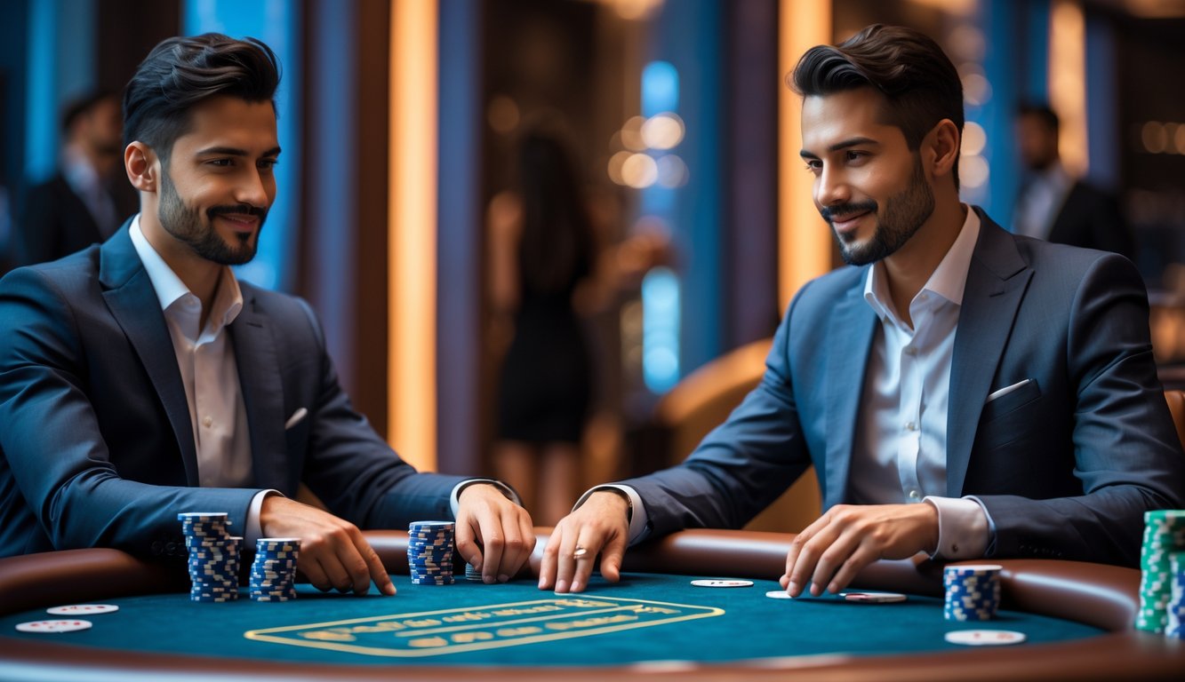 Dua orang bermain poker di meja kasino modern dengan suasana yang aman dan profesional.