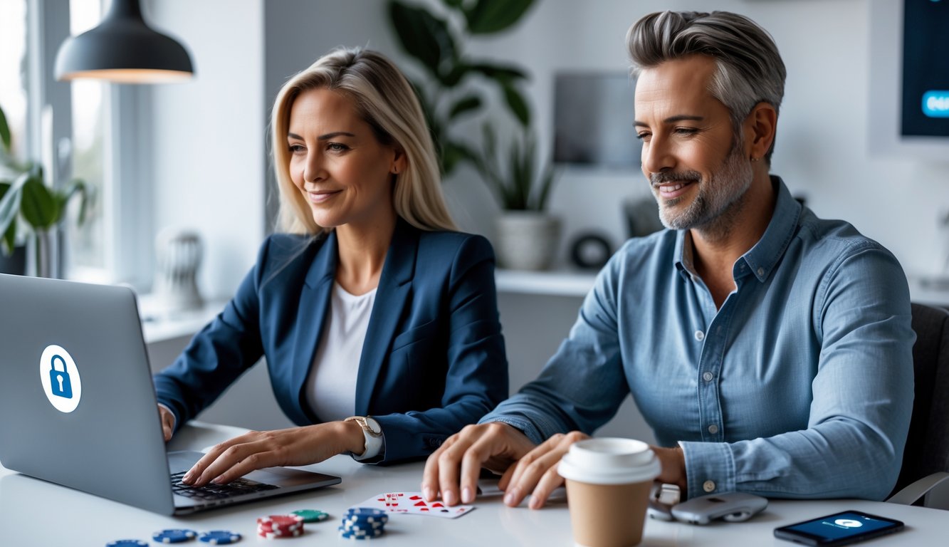 Seorang pria dan wanita duduk di meja modern bermain poker online menggunakan laptop di ruangan yang terang dan rapi.