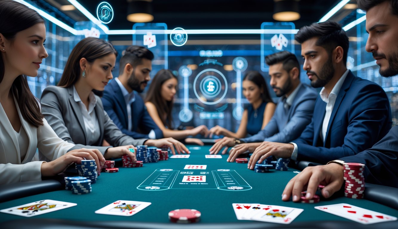 Beberapa orang bermain poker online di meja digital dengan kartu dan chip, menunjukkan suasana permainan yang adil dan terpercaya.