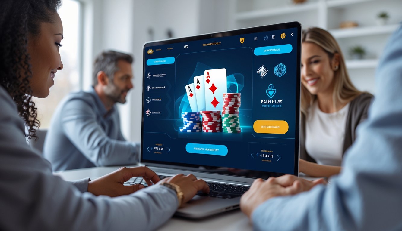 Orang-orang bermain poker online di laptop dalam suasana rumah yang nyaman, menampilkan kartu dan chip poker di layar.